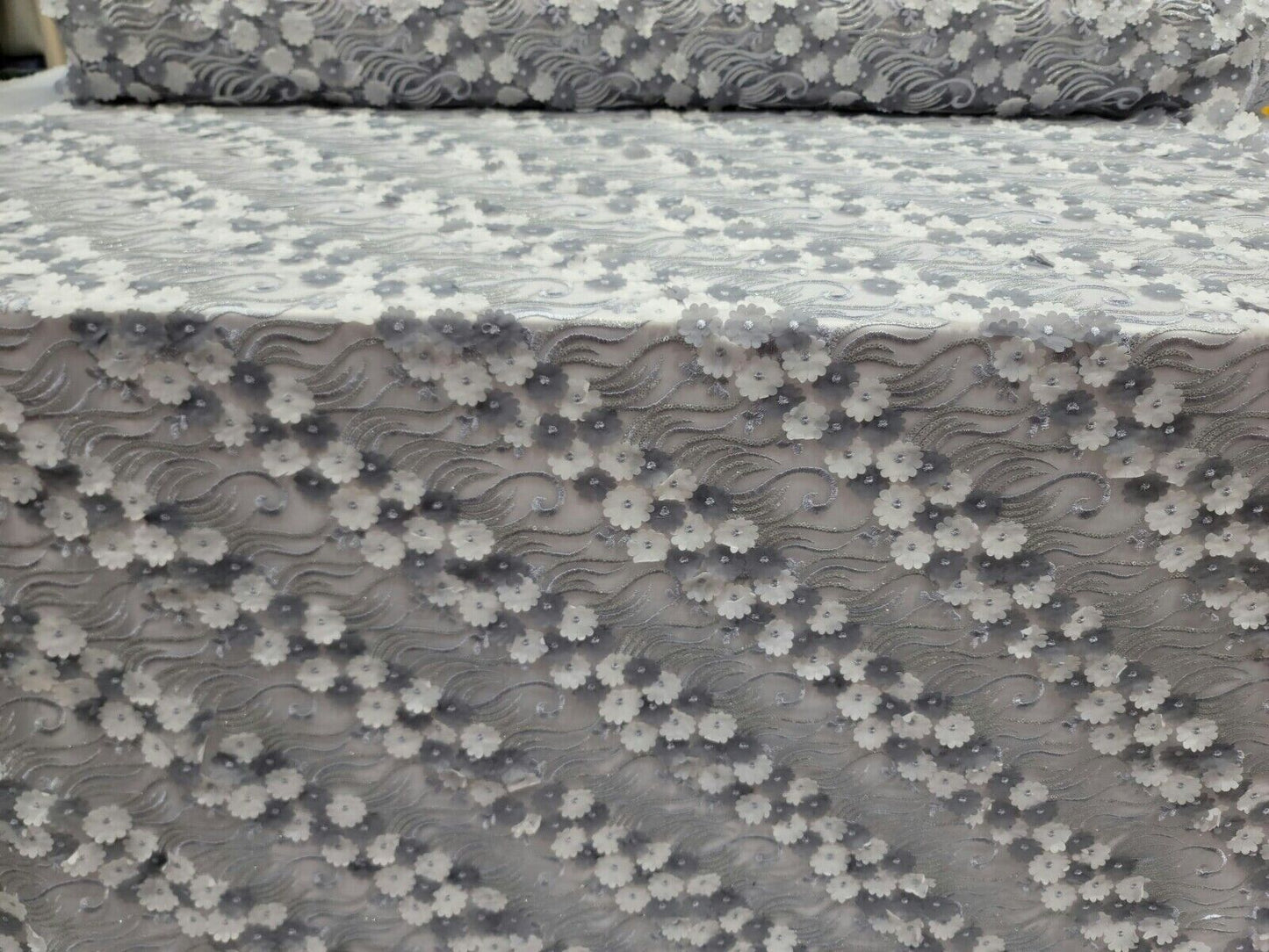 3D Floral Flowers Lace Gray Embroidery Sequin Fabric - Sold by the Yard
