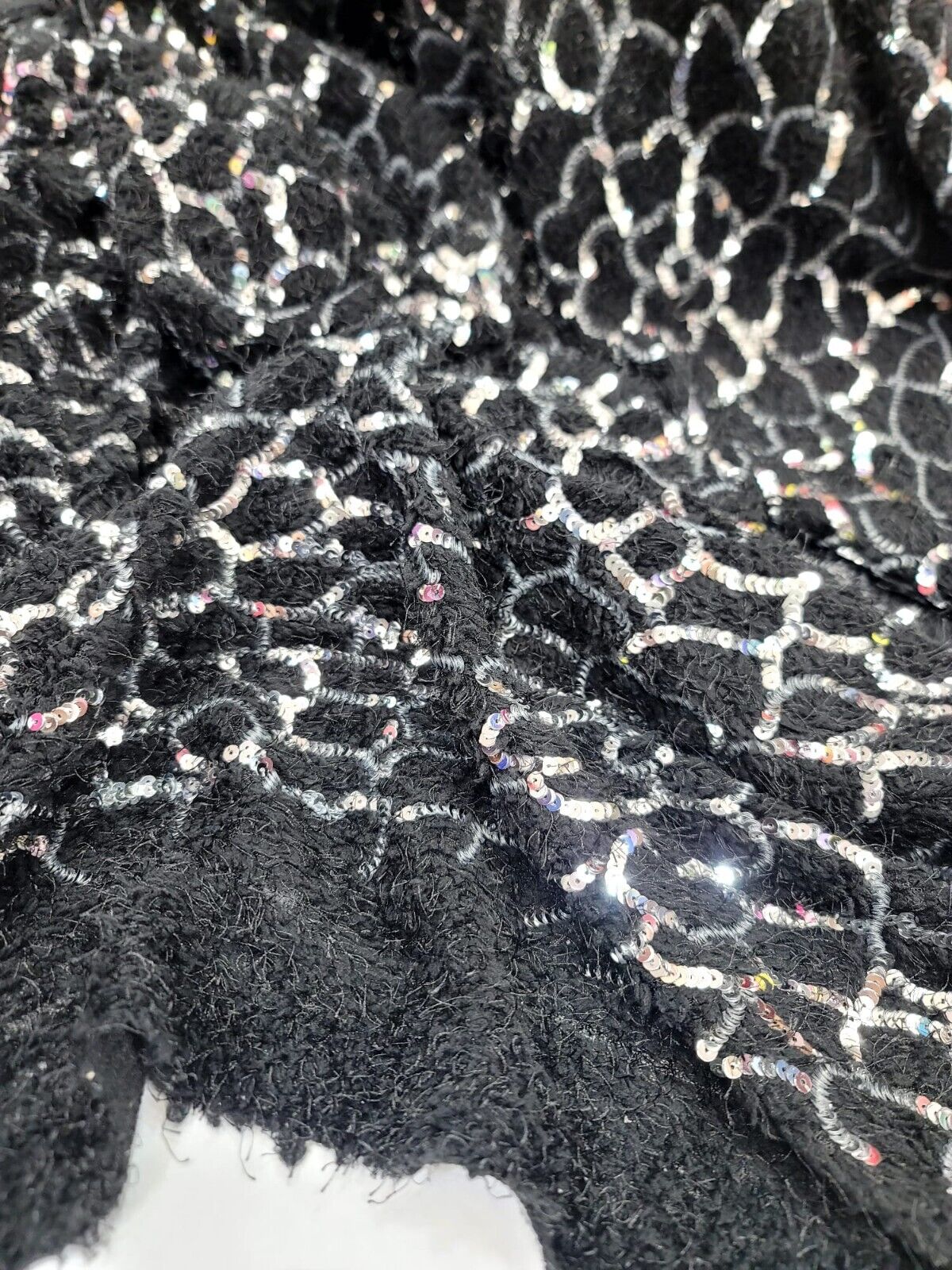 Shaggy Faux Fur Black Silver Sequin Design Stretch Fabric - Sold By The Yard