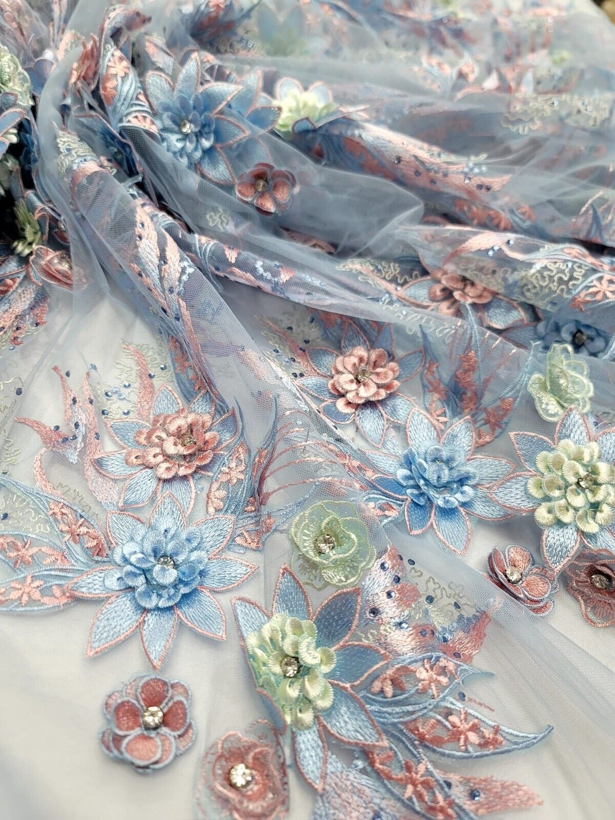 Sage Pink 3D Floral Lace Sky Blue Embroidery Rhinestones Fabric By The Yard