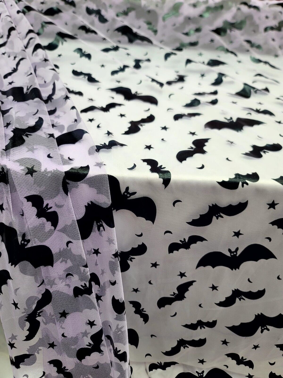 Black Flying Bats On Lavender Mesh Tulle Fabric Sold By The Yard HALLOWEEN