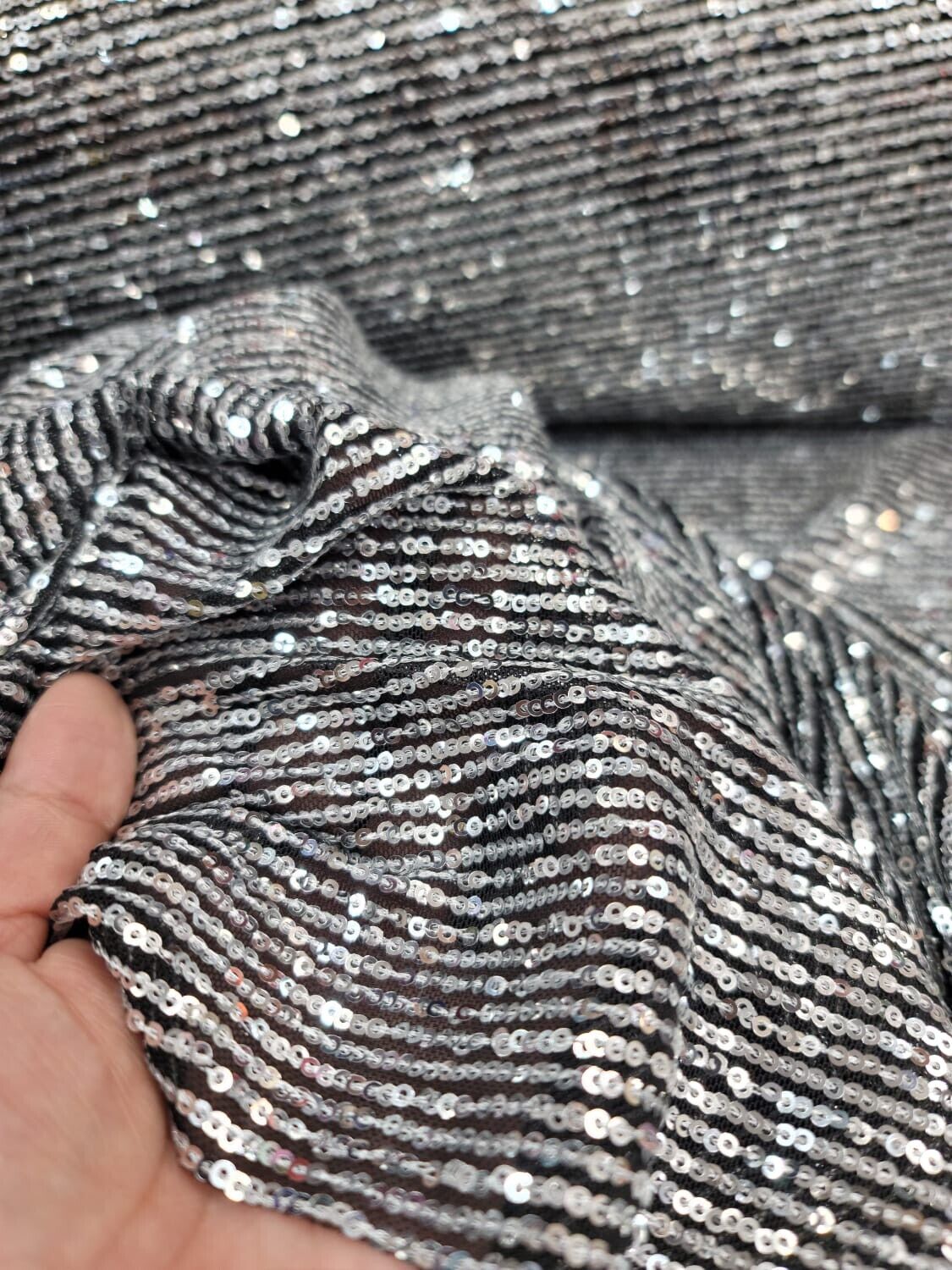 Silver Sequin Fabric on Black Stretch Mesh - 3MM Glitz Mini Sequins - Sold by the Yard