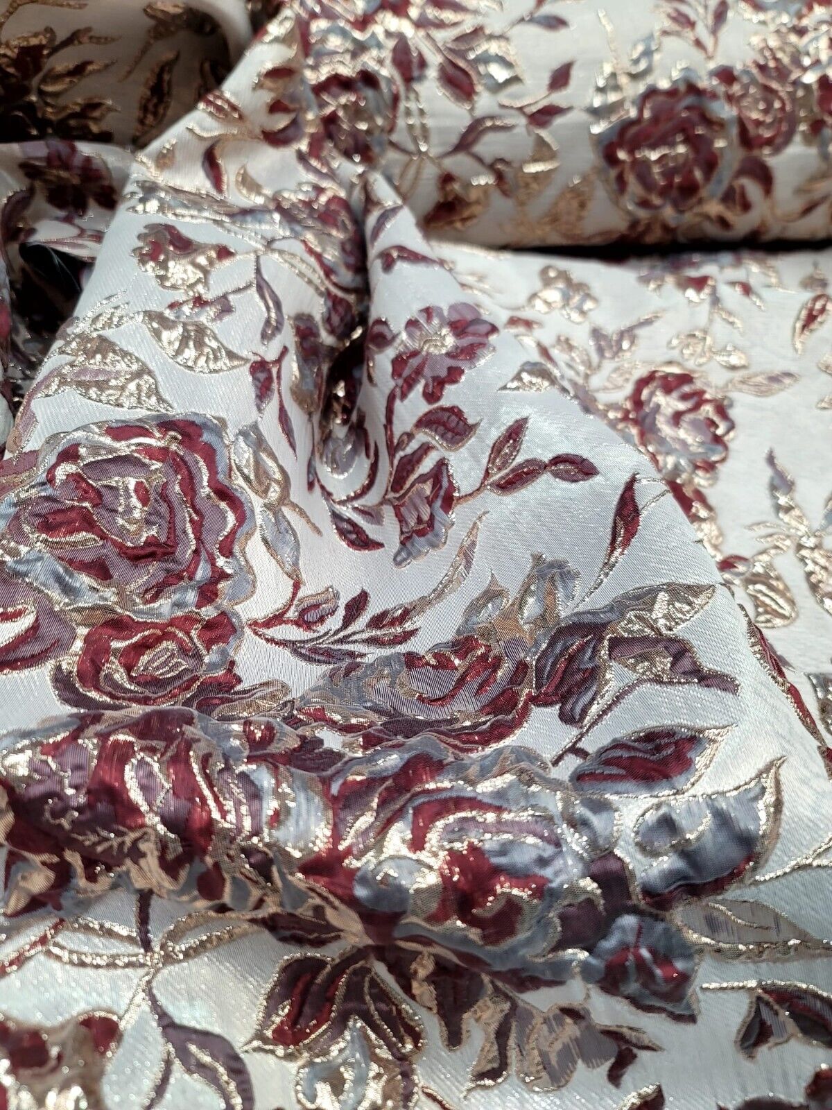 Fabric Sold By The Yard Burgundy METALLIC Brocade Floral Flowers Dress Upholster