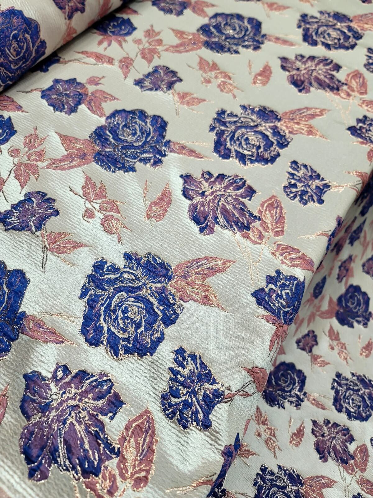 Royal Blue Floral Pink Brocade Fabric Sold By The Yard Rose Gold Metallic