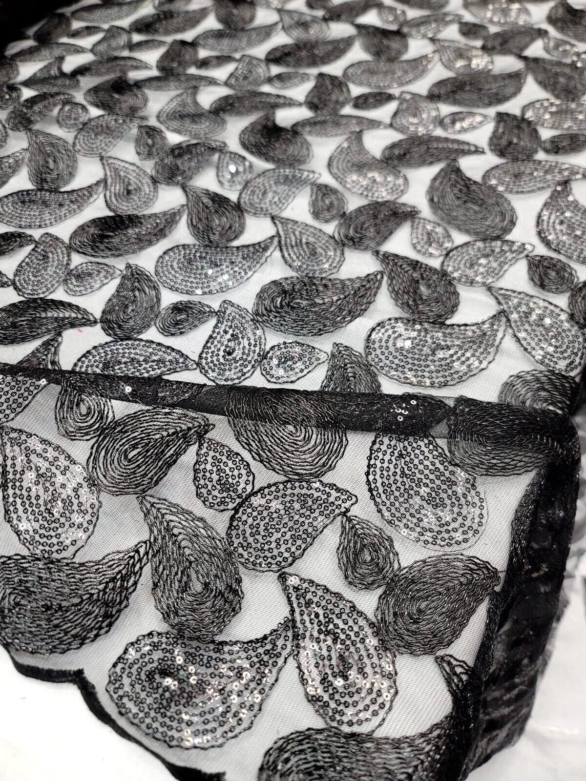 Embroidered Lace Apparel Fabric By The Yard - Sheer Paisley Black Sequins