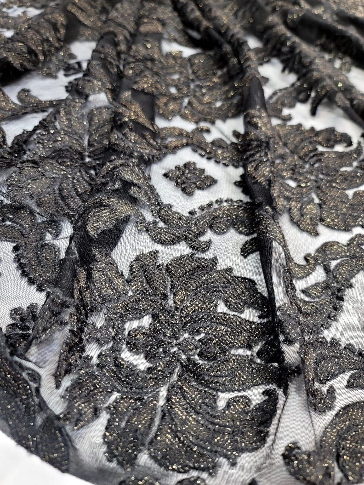 Embroidered Stretch Lace Apparel Fabric Sheer Black Floral Gold Accent - 52" Width