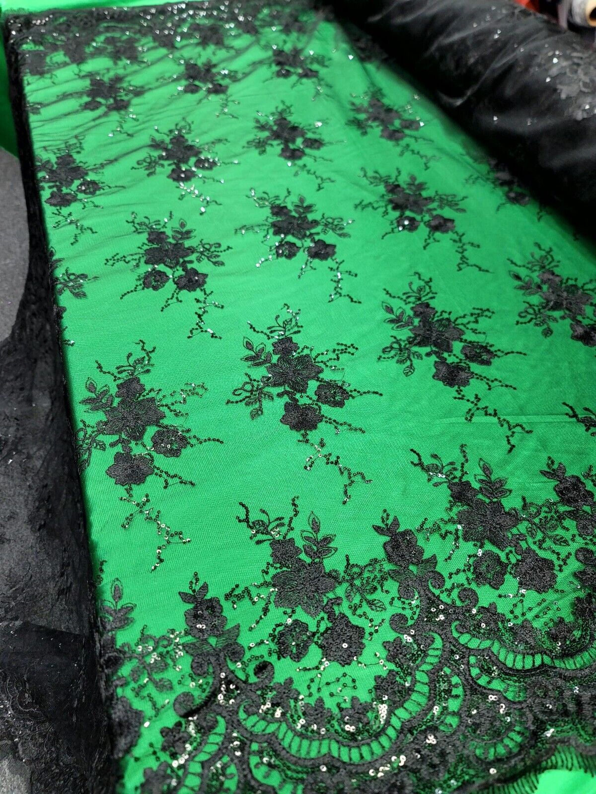 Black Lace Fabric Embroidery Sequins Scalloped Fabric Sold By The Yard Quinceañe