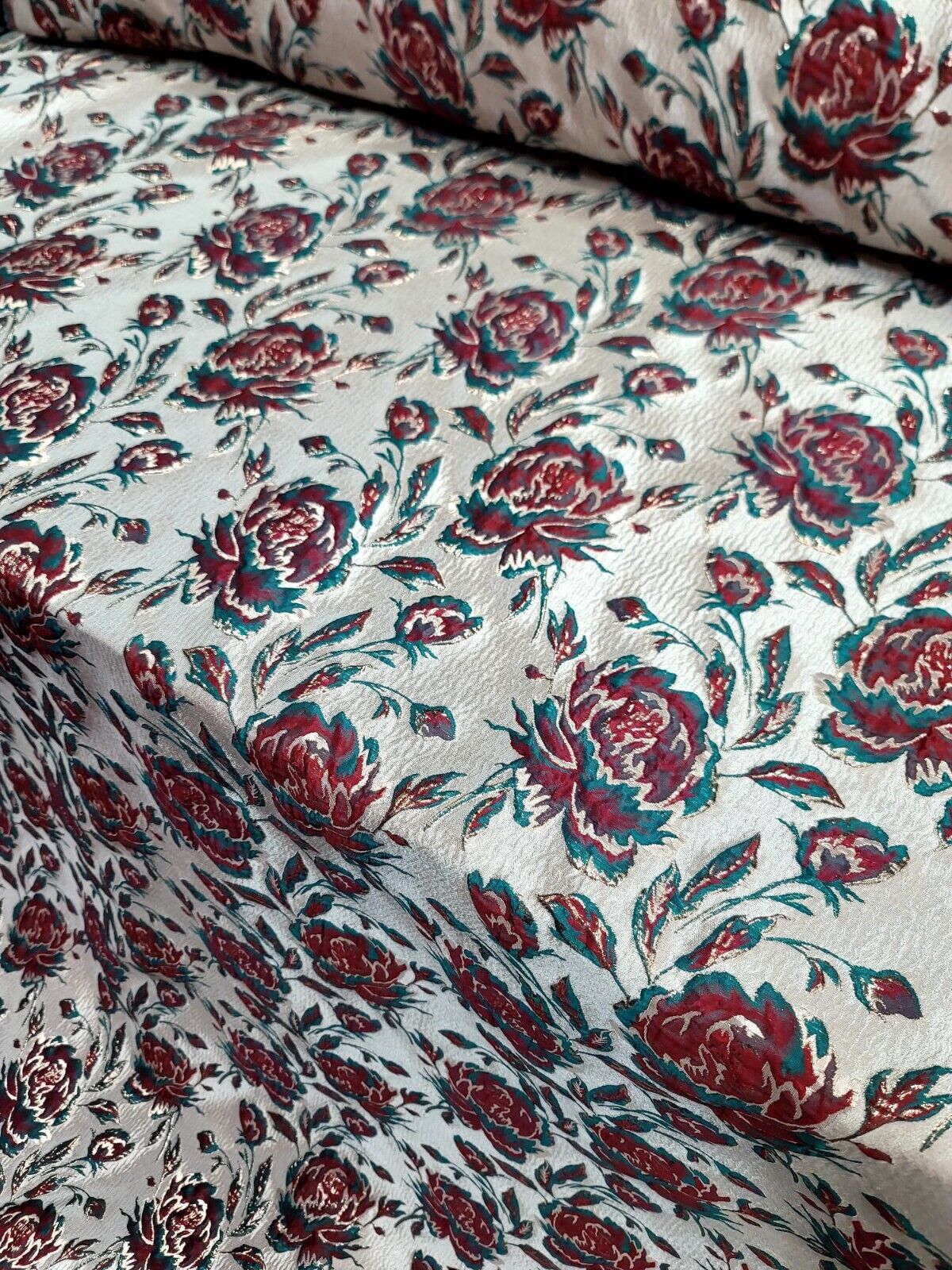 RED BROCADE FLORAL JACQUARD FABRIC WEDDING BY YARD HOME DECOR BEIGE BACKGROUND