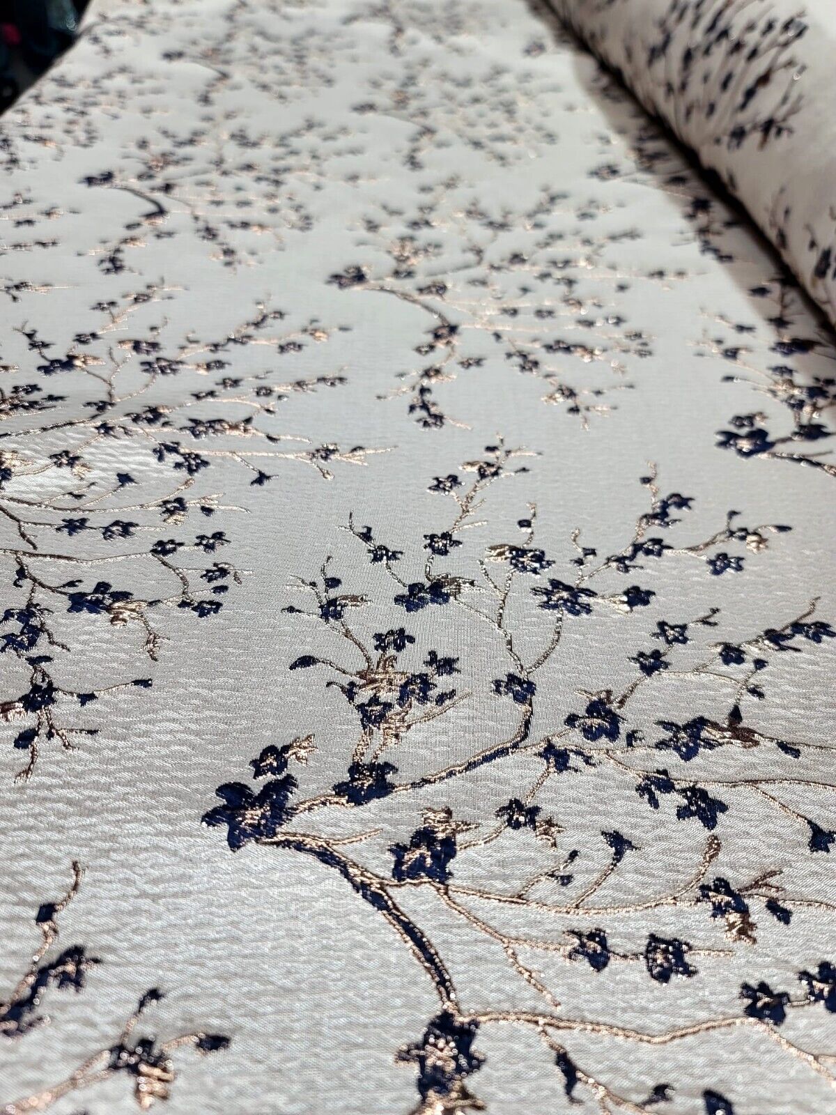 NAVY BLUE Metallic Rose Gold Floral Brocade Fabric - Sold by the Yard