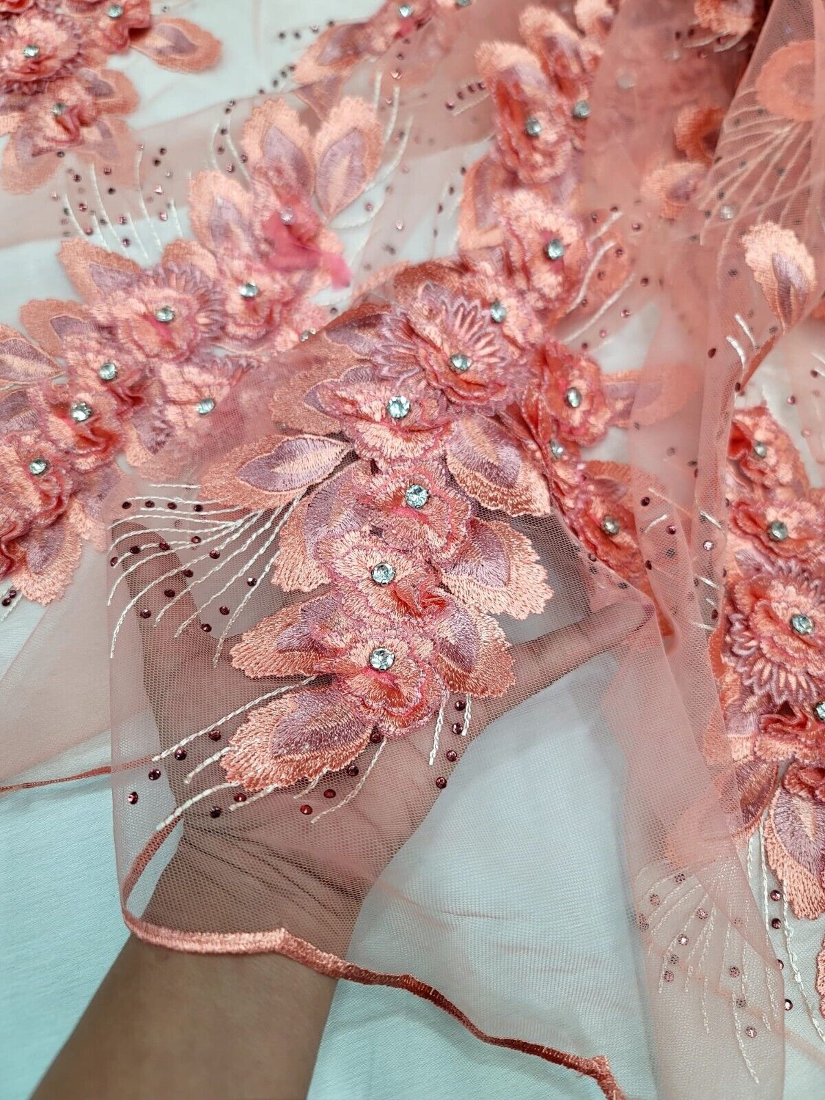 Elegant Coral Hand Beaded Lace Wedding/Bridal 3d Floral Fabric Sold By The Yard
