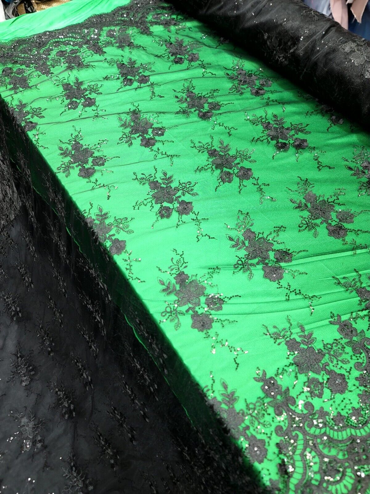 Black Lace Fabric Embroidery Sequins Scalloped Fabric Sold By The Yard Quinceañe
