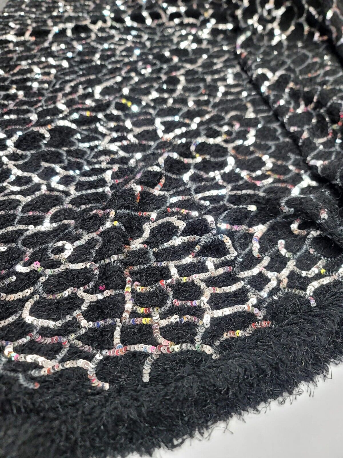 Shaggy Faux Fur Black Silver Sequin Design Stretch Fabric - Sold By The Yard