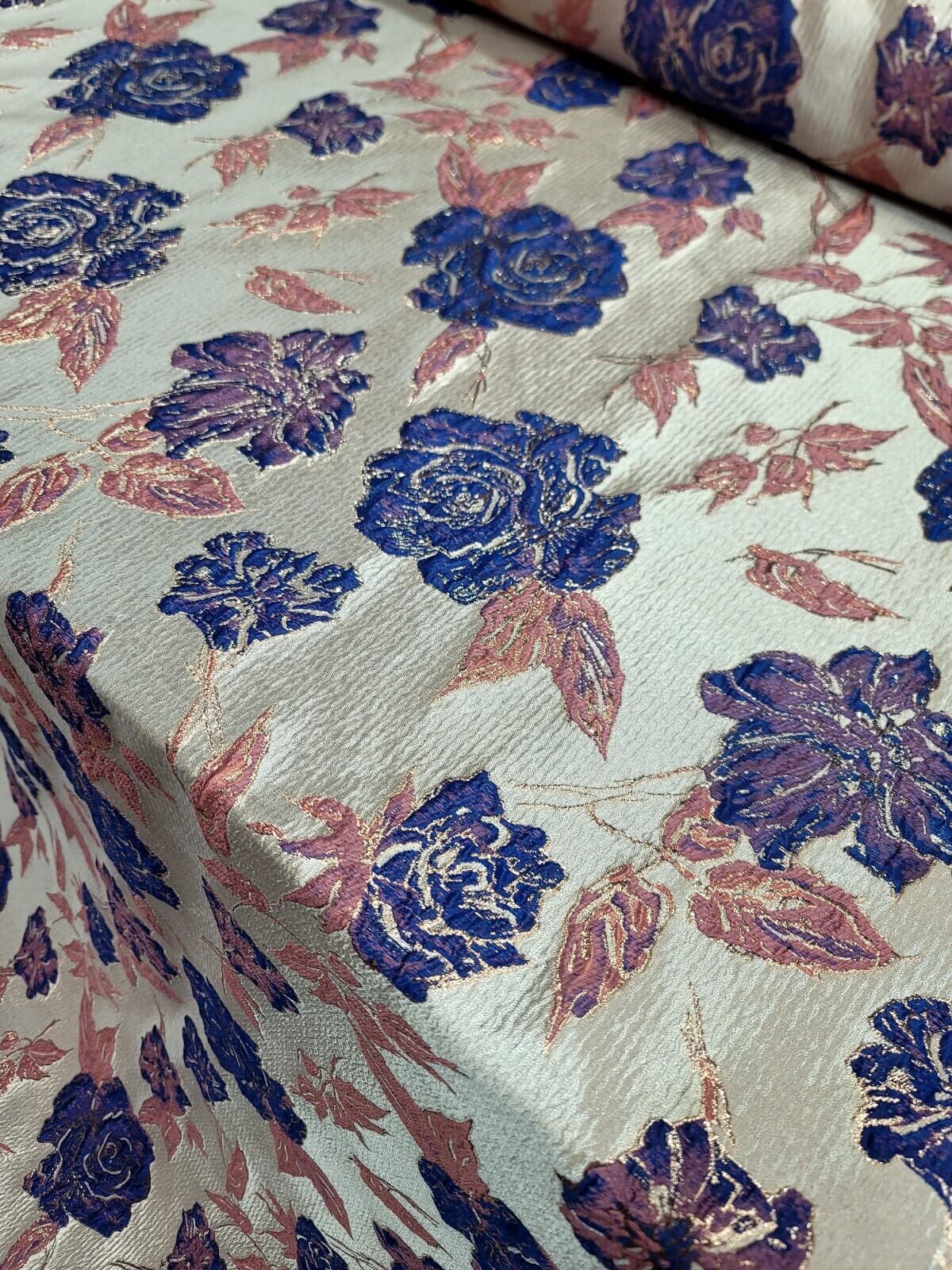 Royal Blue Floral Pink Brocade Fabric Sold By The Yard Rose Gold Metallic