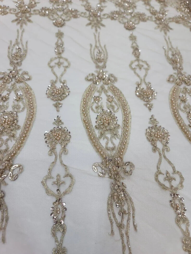 Champagne Beaded Lace Embroidery Floral Fabric - Sold by the Yard - Perfect for Prom Gowns and Quinceañera Attire