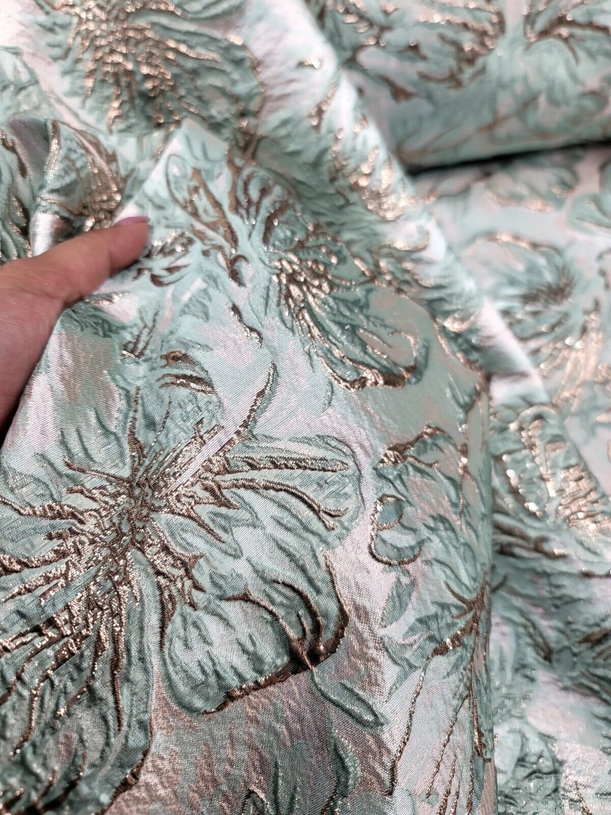 MINT GREEN ROSE GOLD Floral Brocade Fabric - Sold by the Yard