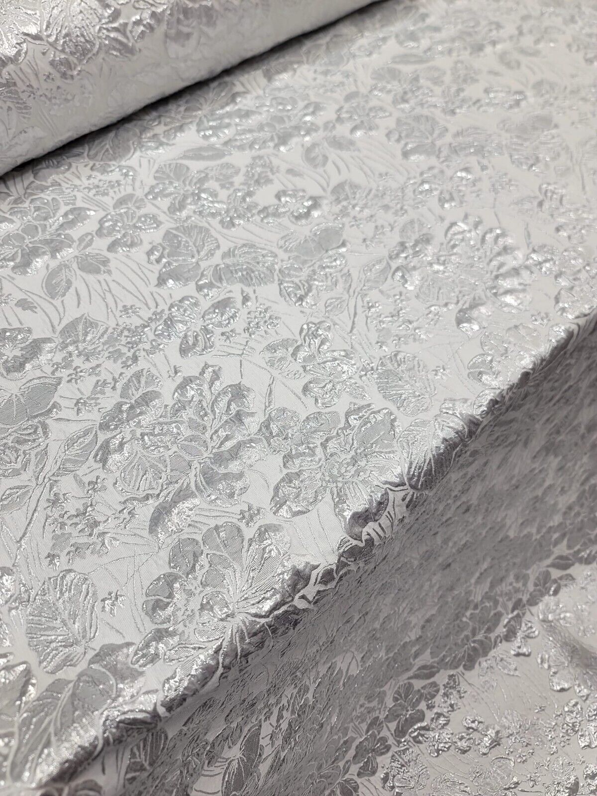 WHITE SILVER Floral Brocade Fabric 60" Sold By The Yard Embossed Flowers Bridal
