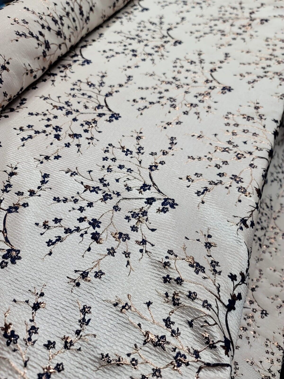 NAVY BLUE Metallic Rose Gold Floral Brocade Fabric - Sold by the Yard