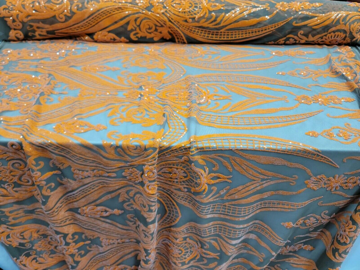 Orange Sequin Embroidered Lace Brown Stretch Mesh Fabric by the Yard For Dress