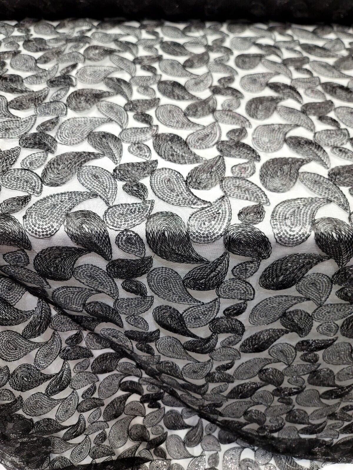Embroidered Lace Apparel Fabric By The Yard - Sheer Paisley Black Sequins