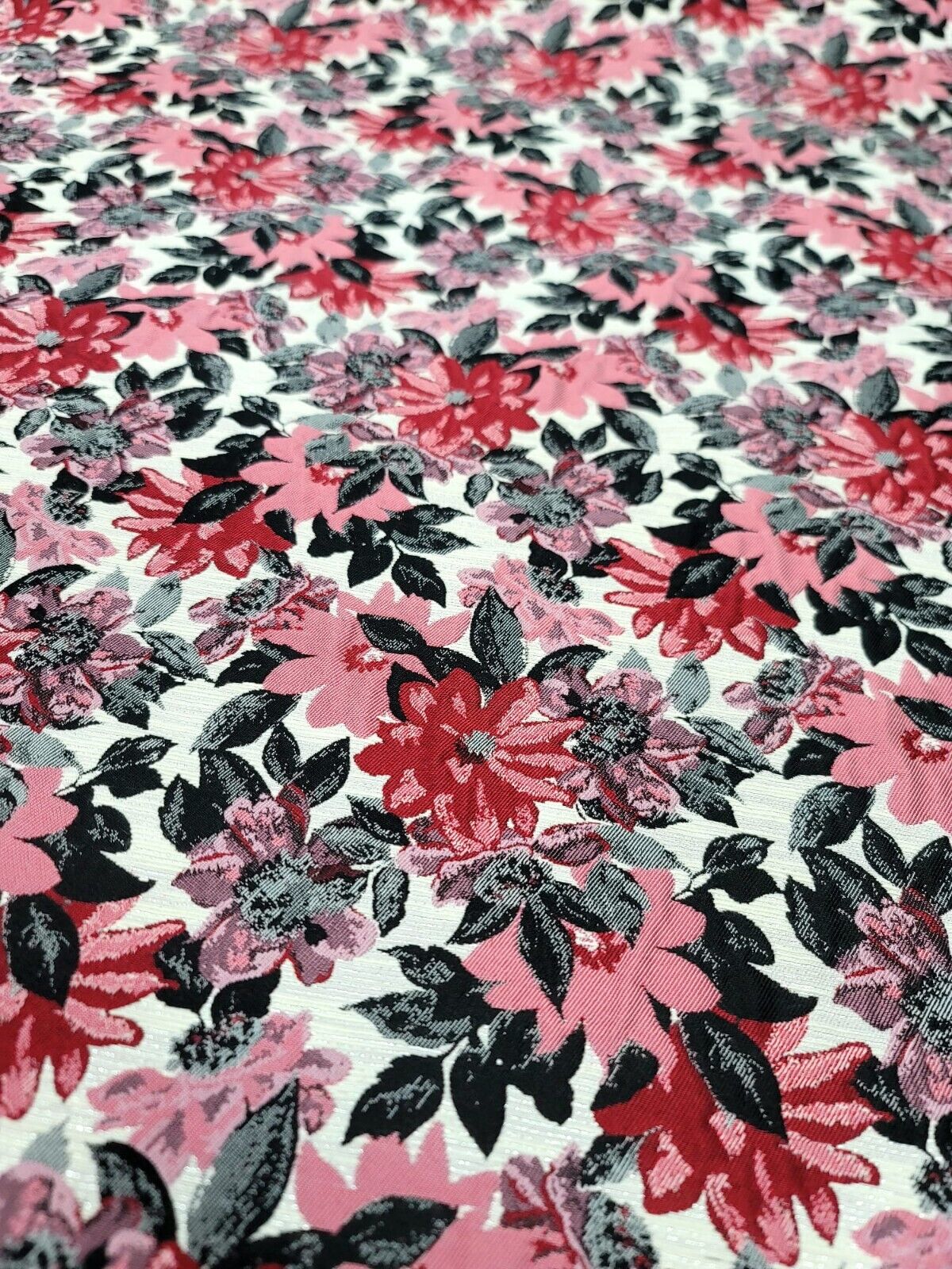 Pink Red Floral Chenille Upholstery Brocade Fabric - 56" Width - Sold by the Yard - Gray Leaves