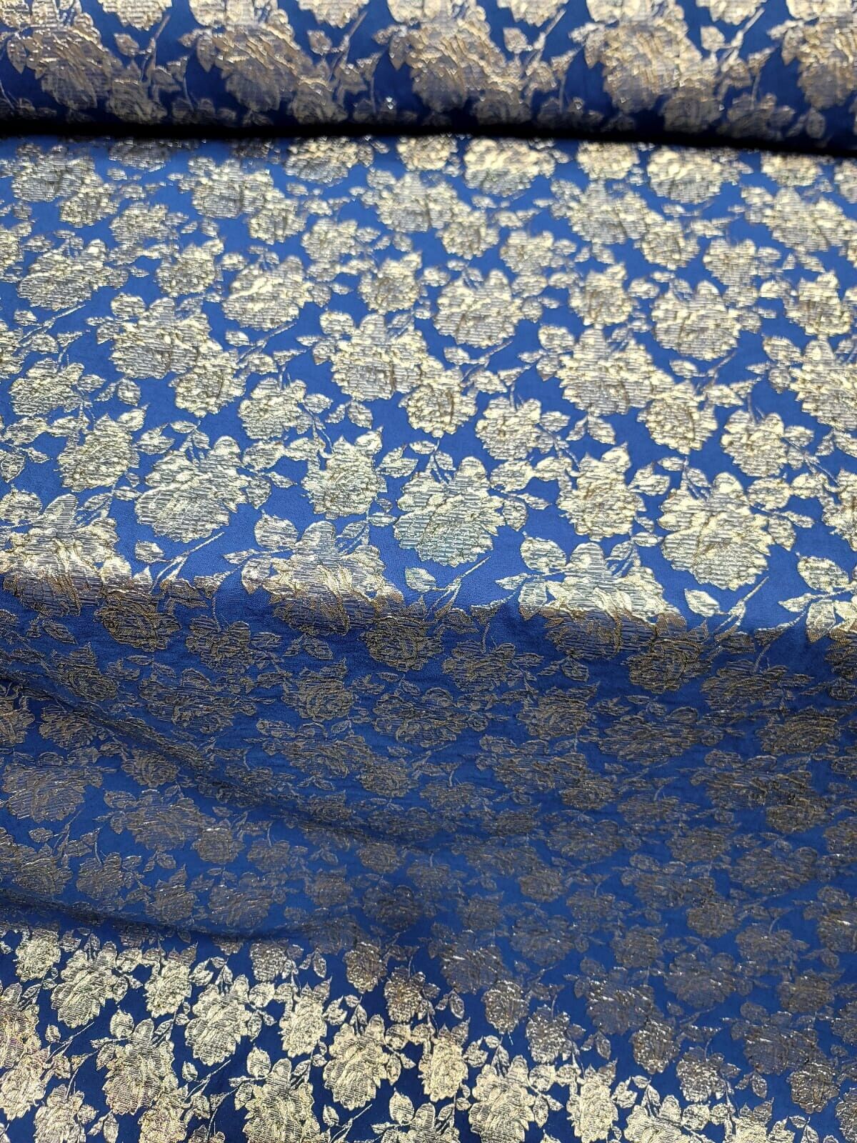 ROYAL BLUE Brocade Fabric (60 in.) Sold By The Yard METALLIC SILVER FLORAL EMBOS