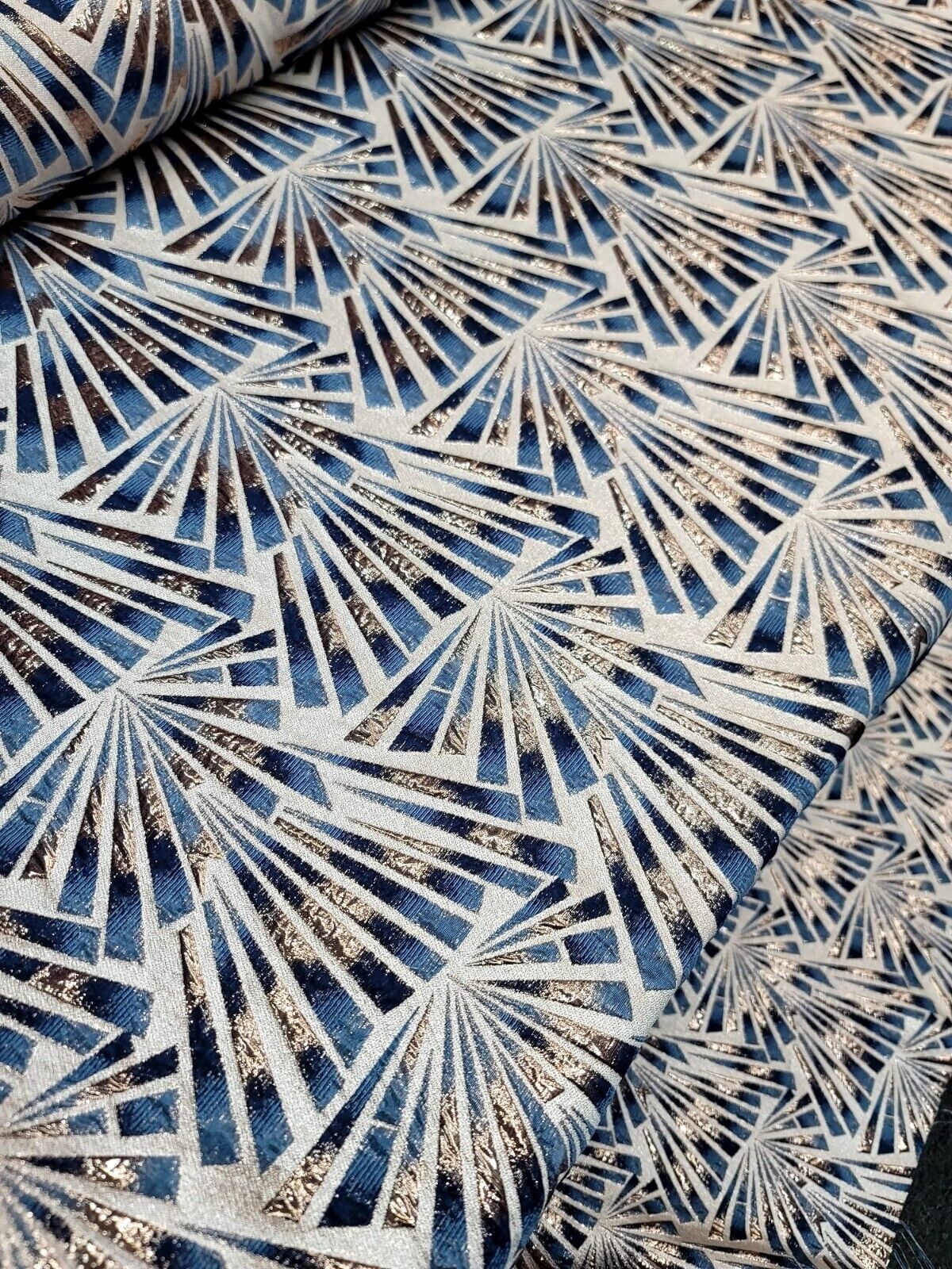 Teal Blue Brocade Fabric with Metallic Gold Geometric Patterns - Sold by Yard - Ideal for Elegant Apparel, Home Decor, and High-End Creations