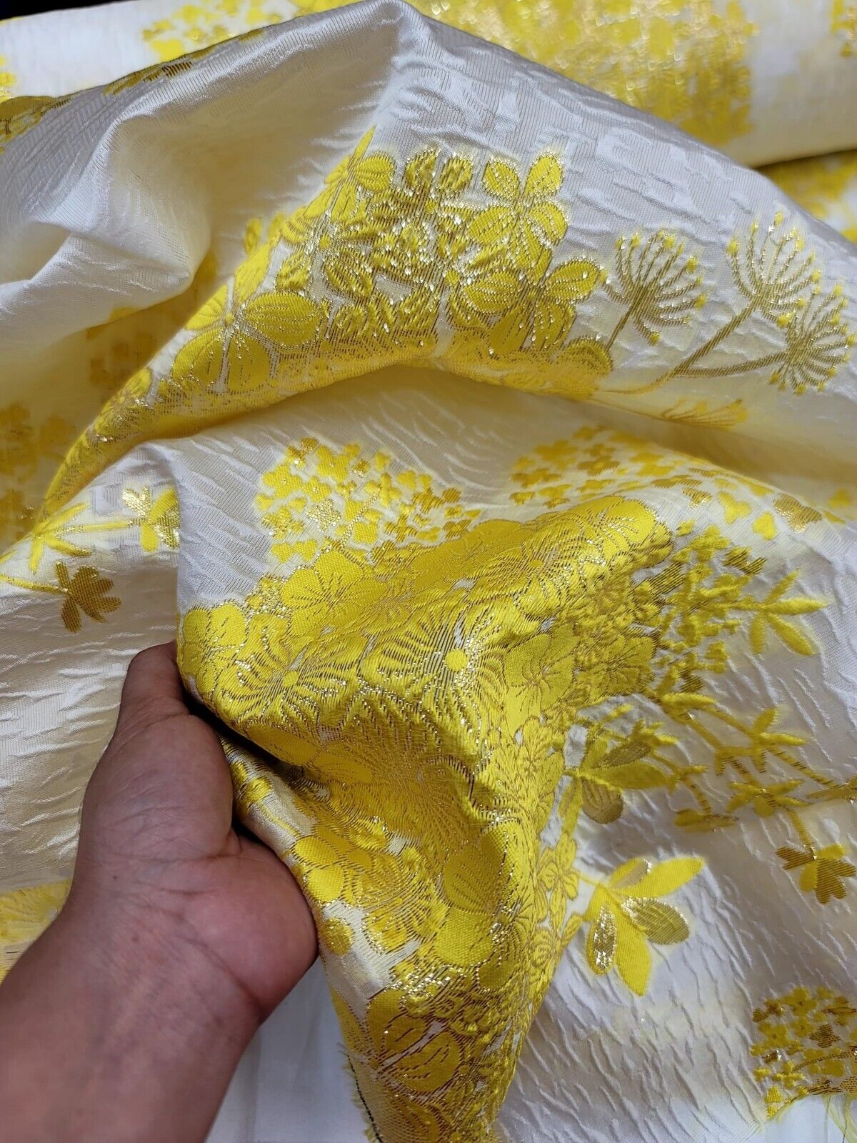 Yellow Floral Brocade Fabric on White Organza - Sold by Yard - Perfect for Prom Dresses, Gowns, and Elegant Creations
