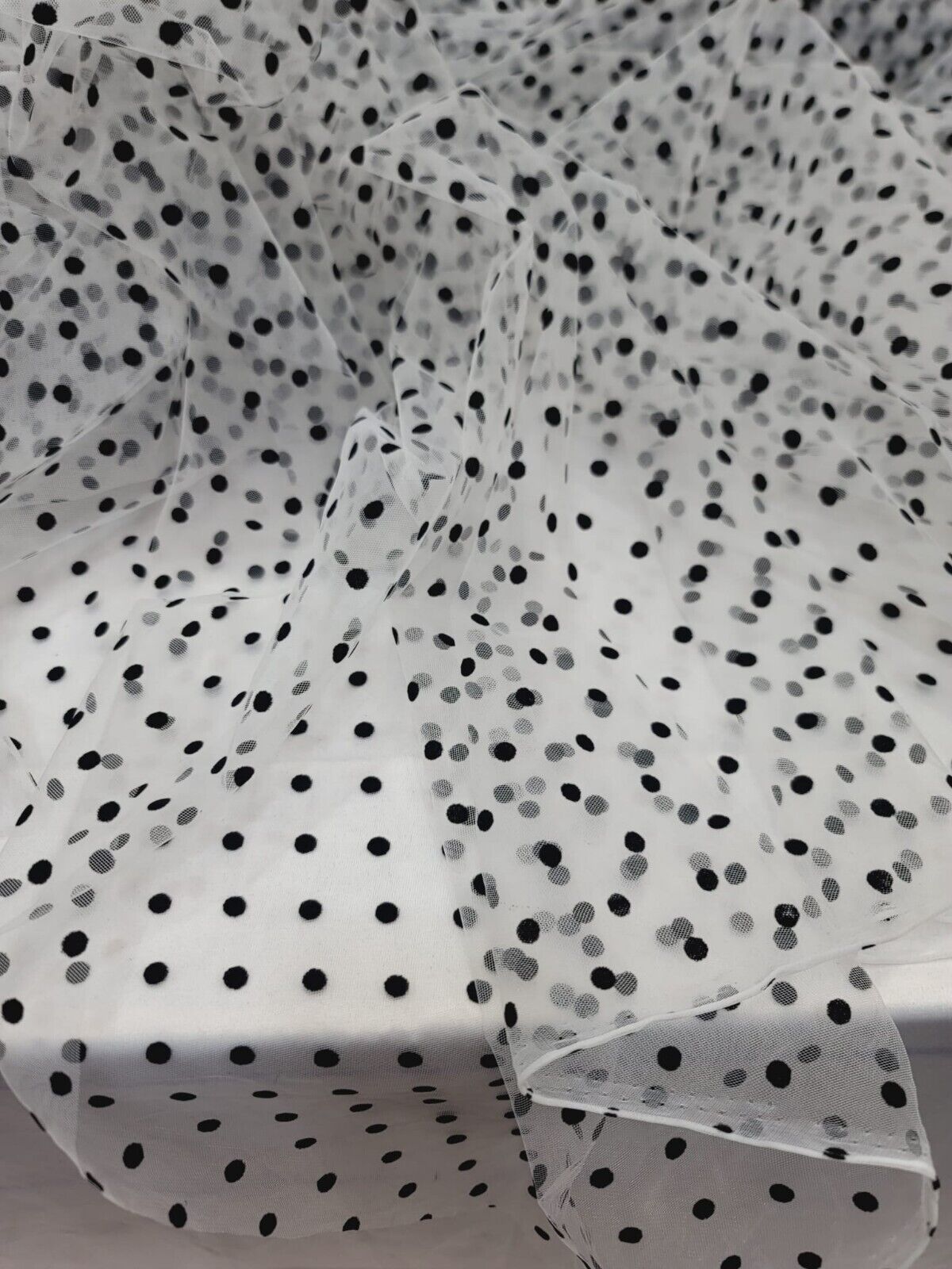 White Tulle Mesh Fabric Sold By The Yard Black Velvet Polka-dot For Dress