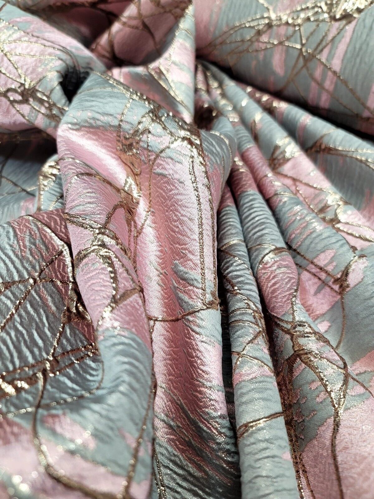 Gray Pink Rose and Gold Metallic Brocade Fabric - Sold by Yard - Perfect for Fashion, Upholstery, and Elegant Creations