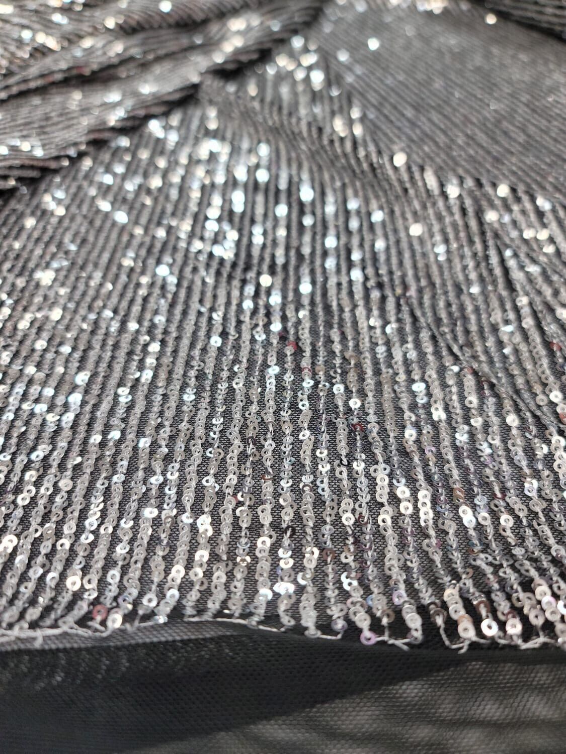 Silver Sequin Fabric on Black Stretch Mesh - 3MM Glitz Mini Sequins - Sold by the Yard