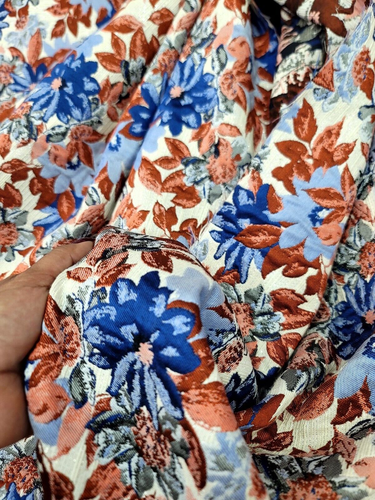 Blue Maroon Coral Floral Chenille Upholstery Brocade Fabric (54 inches) - Sold by the Yard