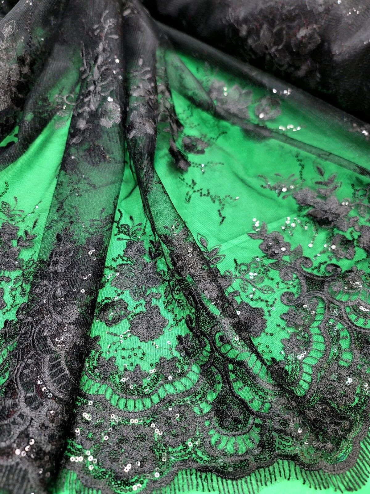 Black Lace Fabric Embroidery Sequins Scalloped Fabric Sold By The Yard Quinceañe