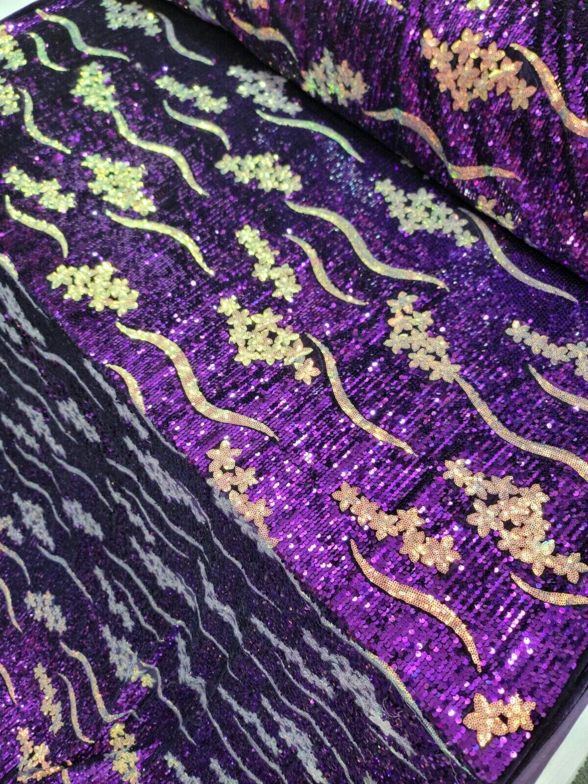 Purple Sequin Embroidery On Stretch Velvet Fabric By The Yard Iridescent Flowers