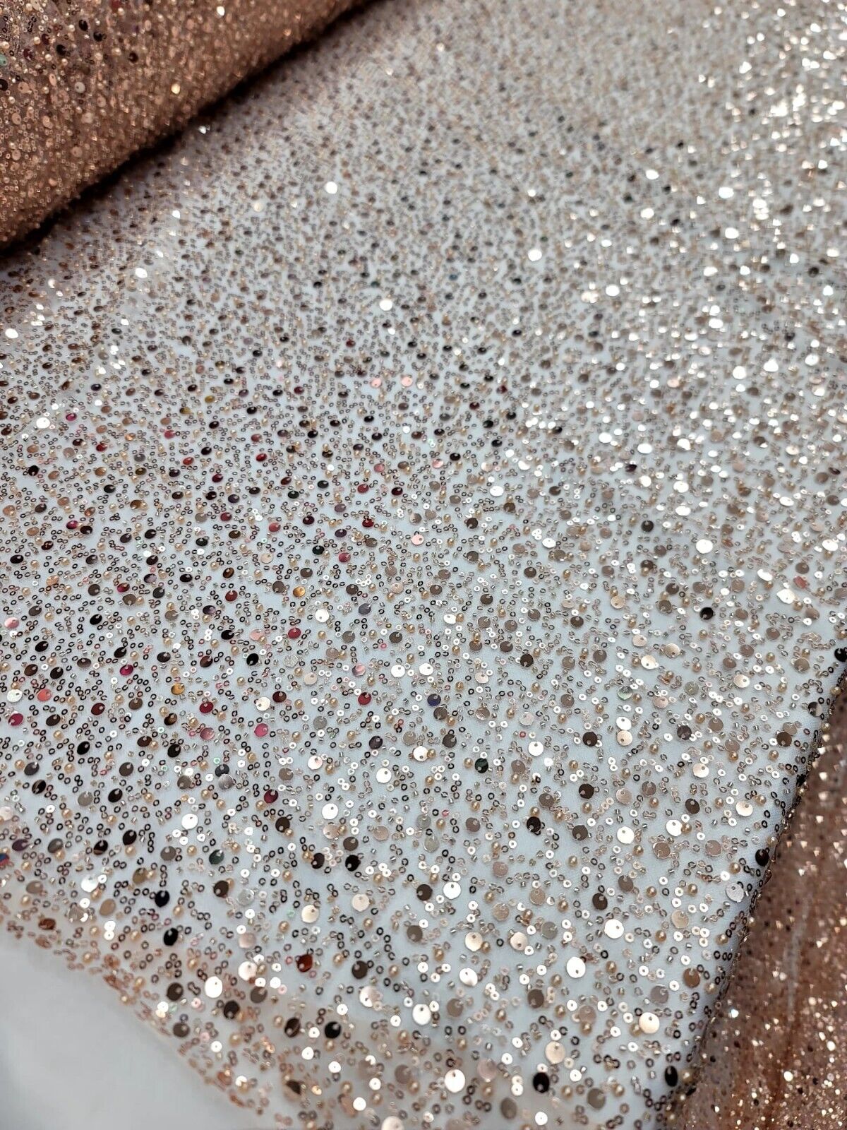 Rose Gold Sequins Beaded Embroidered Stretch Lace Fabric By The Yard - Perfect for Prom Dresses