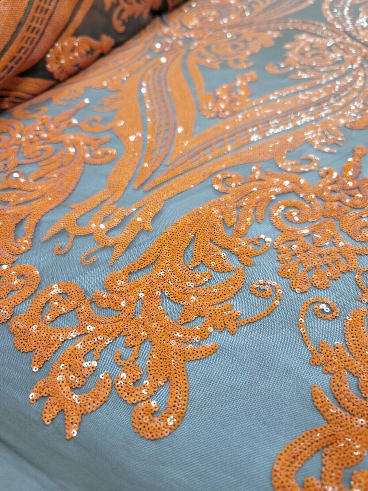 Orange Sequin Embroidered Lace Brown Stretch Mesh Fabric by the Yard For Dress