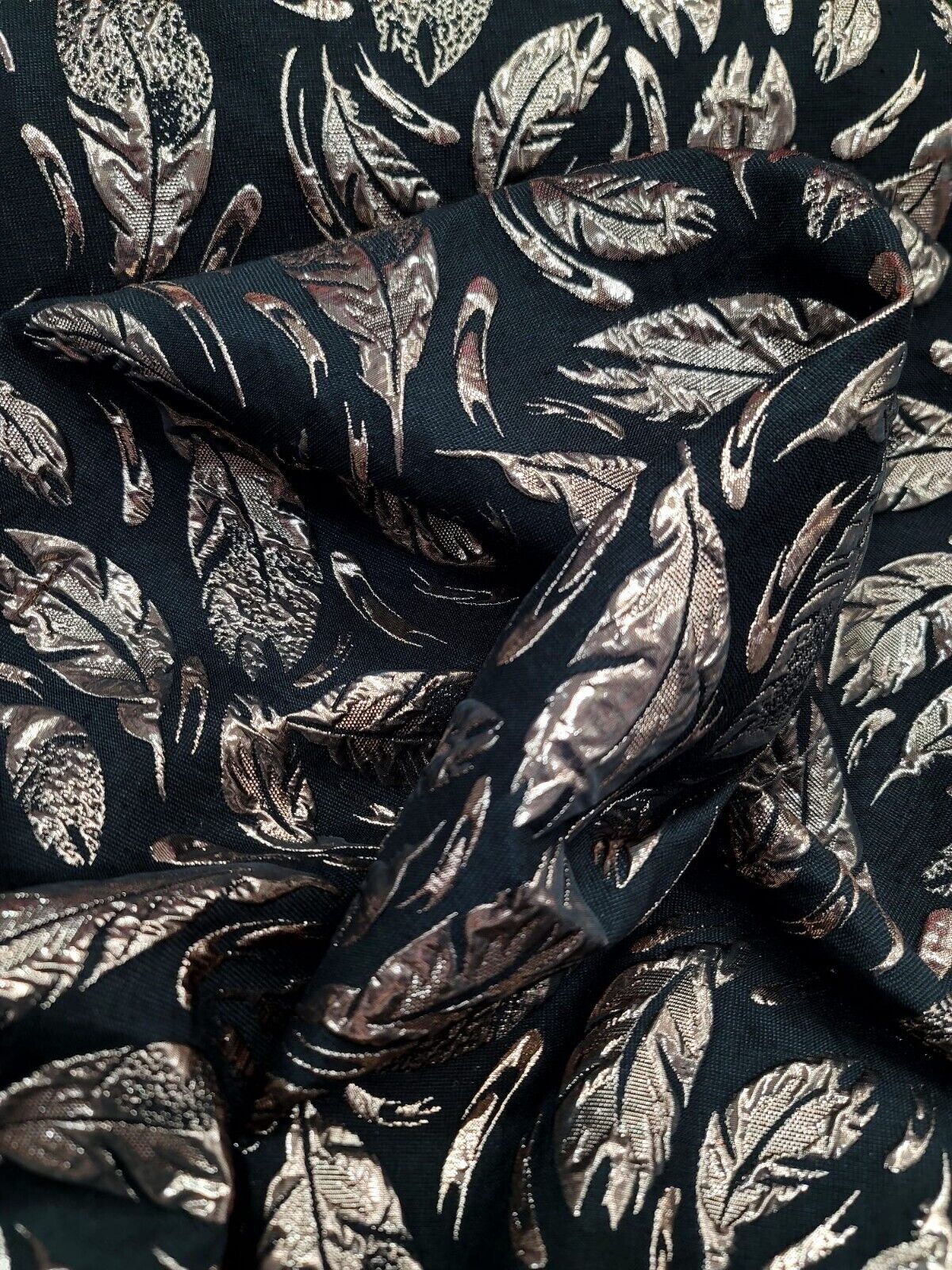 Black Gold Feathers Brocade Fabric - Sold By The Yard - Embossed Dress (60” Width)