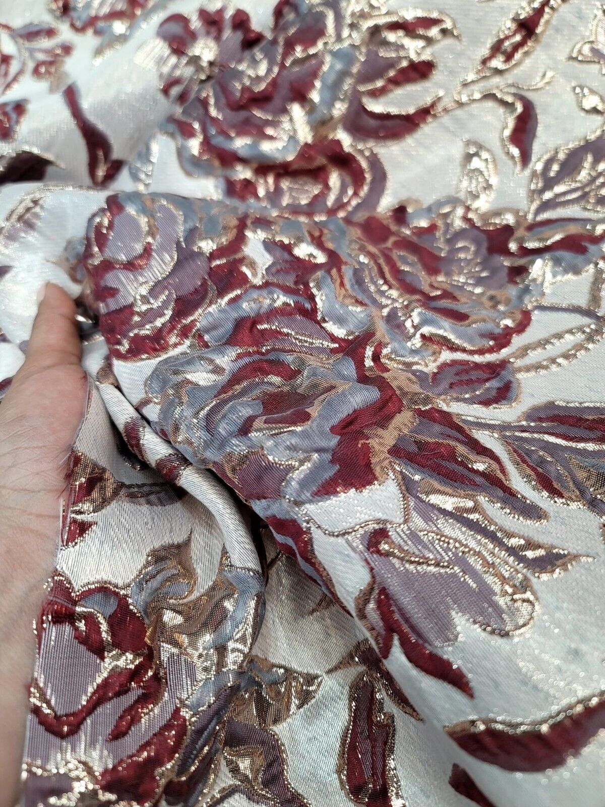 Fabric Sold By The Yard Burgundy METALLIC Brocade Floral Flowers Dress Upholster
