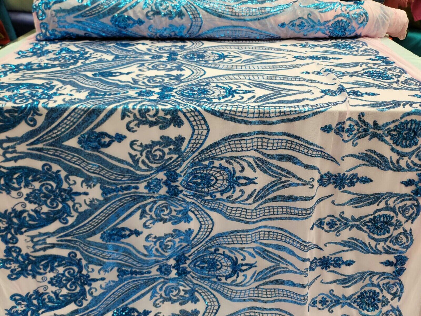 Royal Blue Sequin Lace Fabric By The Yard with Pink Four Way Stretch Mesh - Perfect for Prom and Bridal Wear