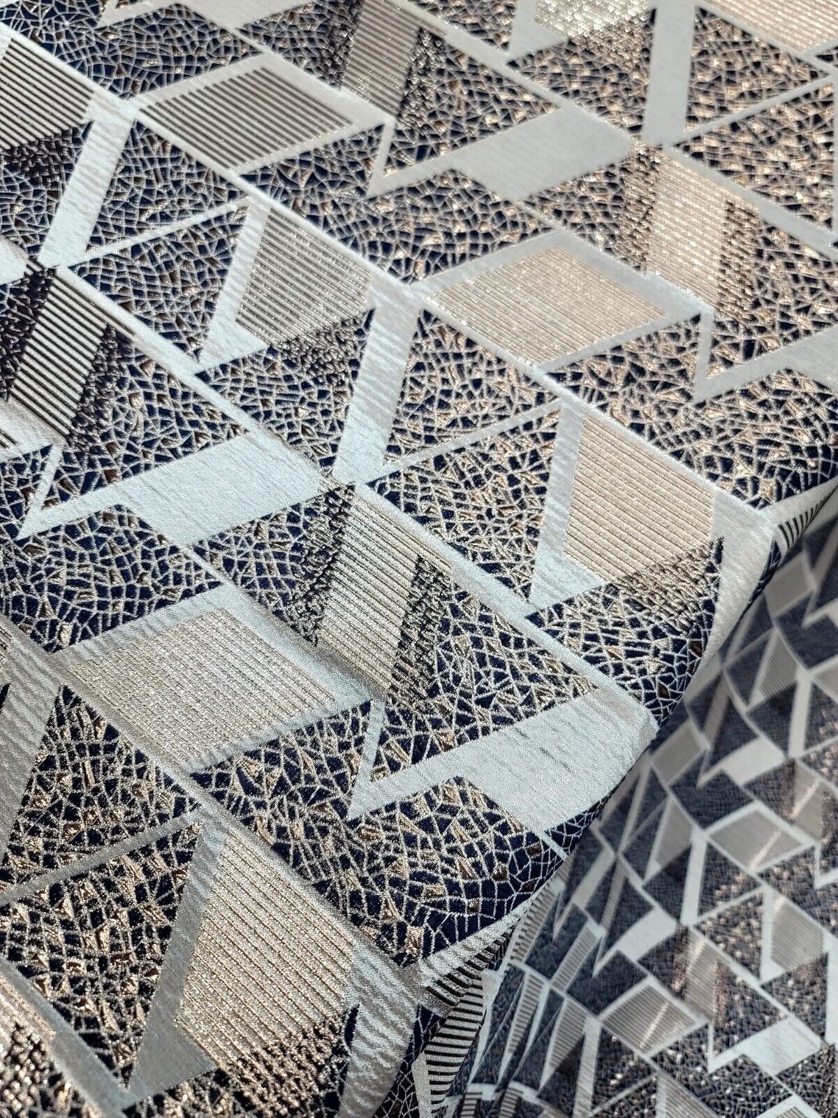 Navy Blue and Gold Metallic Geometric Triangle Brocade Fabric - Sold by Yard - Perfect for Fashion, Upholstery, and Elegant Creations