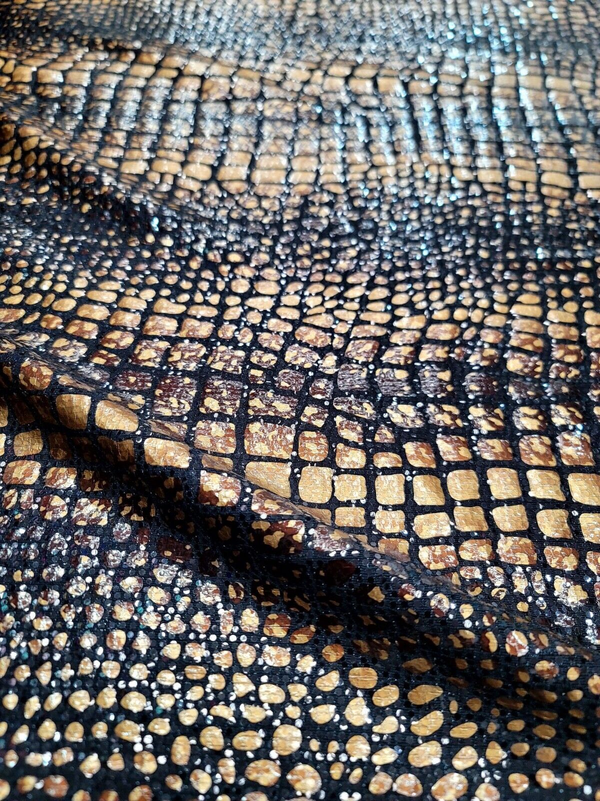 Brown Golden Desert Python Snake Print Stretch Black Sequins Fabric - Sold by the Yard