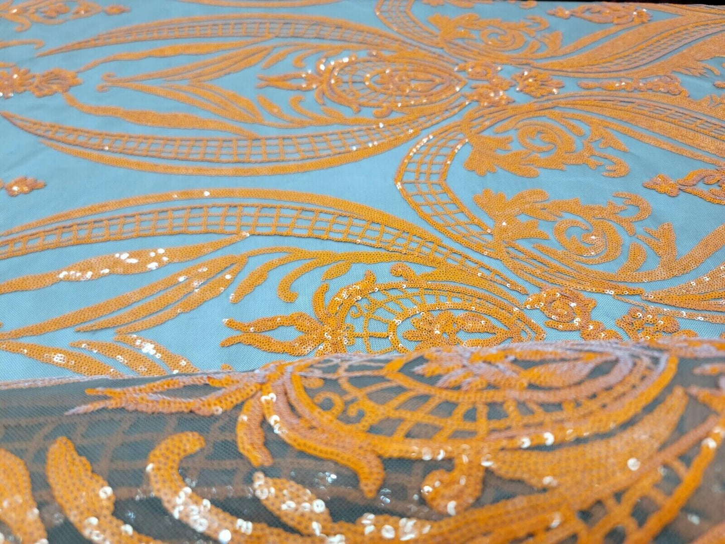 Orange Sequin Embroidered Lace Brown Stretch Mesh Fabric by the Yard For Dress