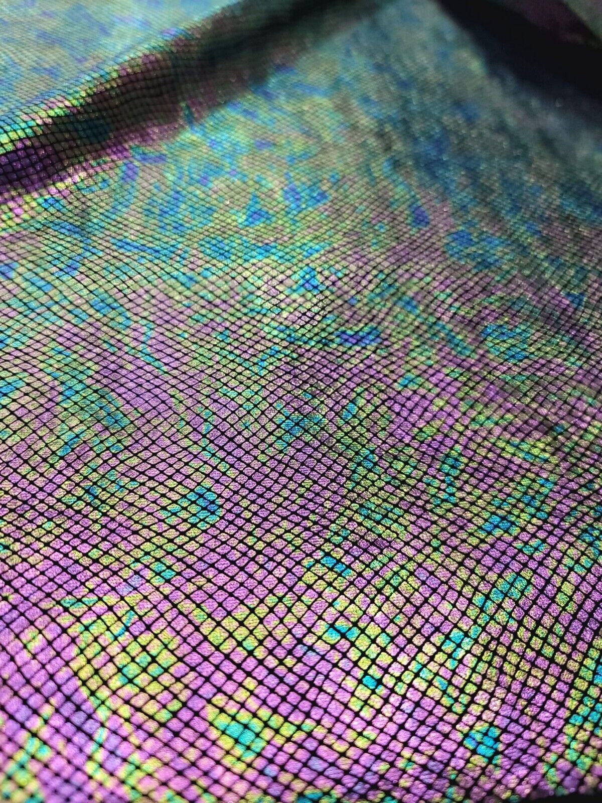 Exotic Design Iridescent Black Green Purple Print On Stretch Velvet Foil Fabric - Sold By the Yard