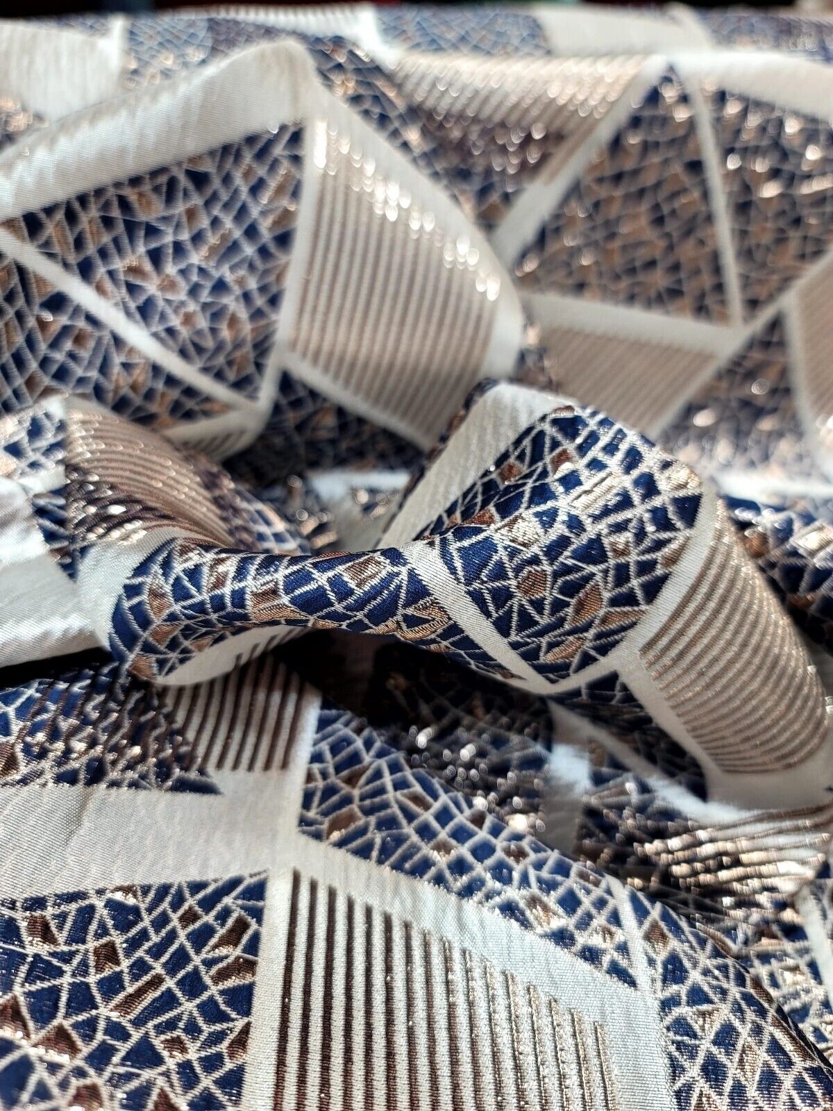 Navy Blue and Gold Metallic Geometric Triangle Brocade Fabric - Sold by Yard - Perfect for Fashion, Upholstery, and Elegant Creations