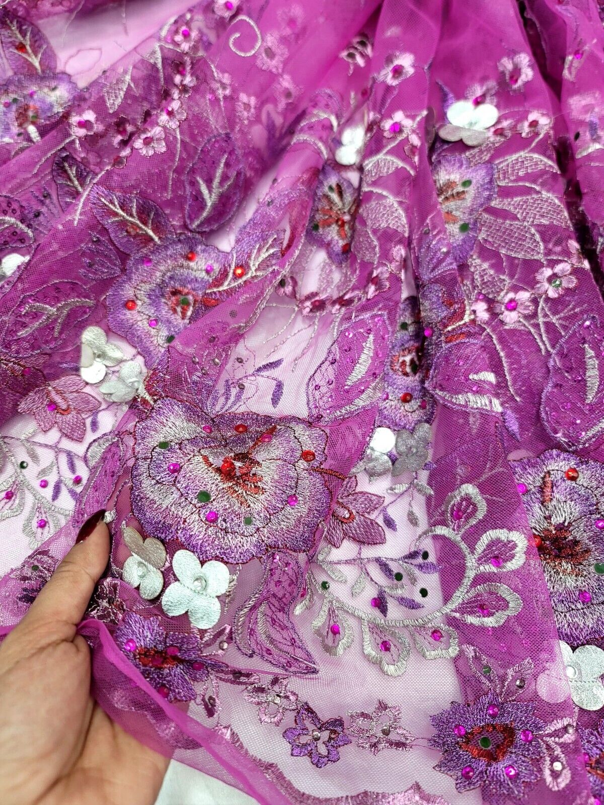 Purple Lace Fabric by the Yard - Floral 3D Silver Flower Embroidered with Glued Rhinestones