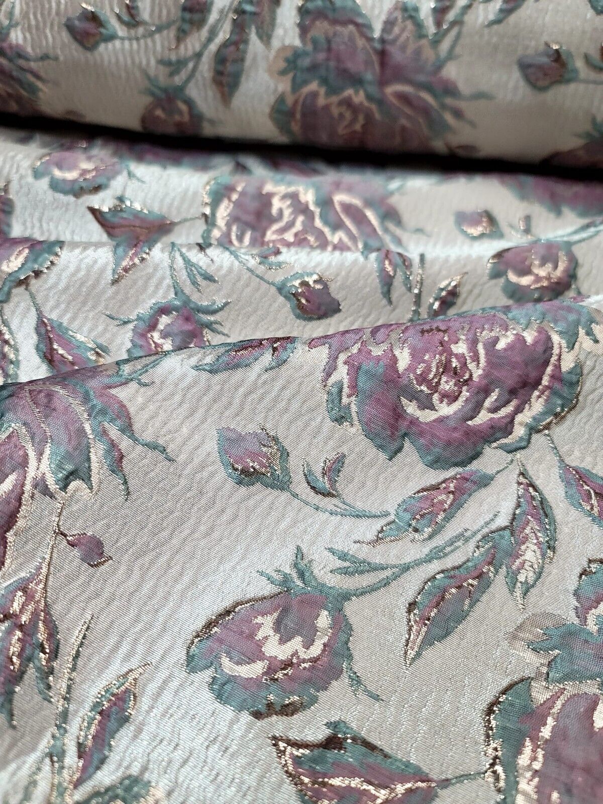 Brocade Mauve Sage Floral Fabric by The Yard Prom Bridal Quinceañera Beige Background.