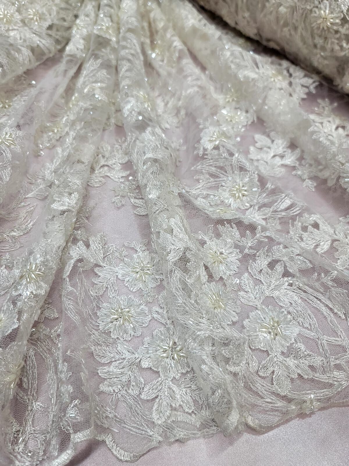 Ivory Lace Flower Embroider On A Mesh Lace Wedding-Bridal Fabric By Yard Beaded