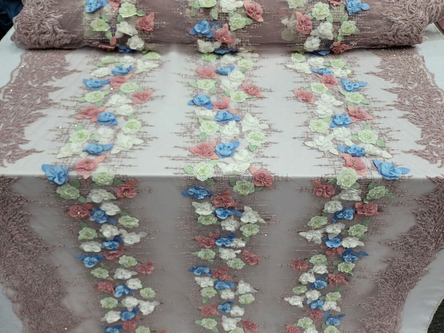 Dusty Rose Beaded Lace 3D Blue Sage Floral Flowers Fabric By the Yard - Ideal for Elegant Dresses