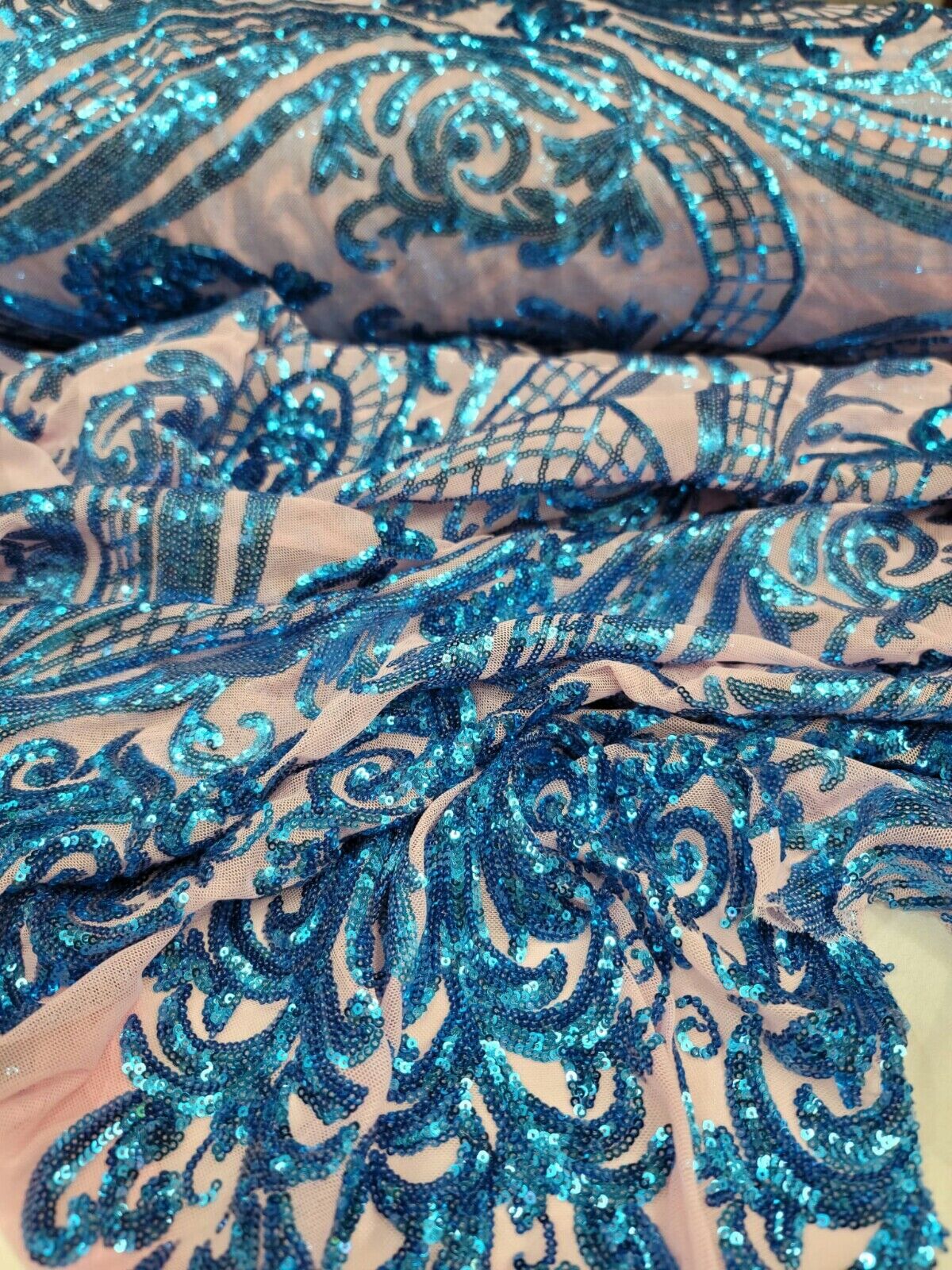 Royal Blue Sequin Lace Fabric By The Yard with Pink Four Way Stretch Mesh - Perfect for Prom and Bridal Wear