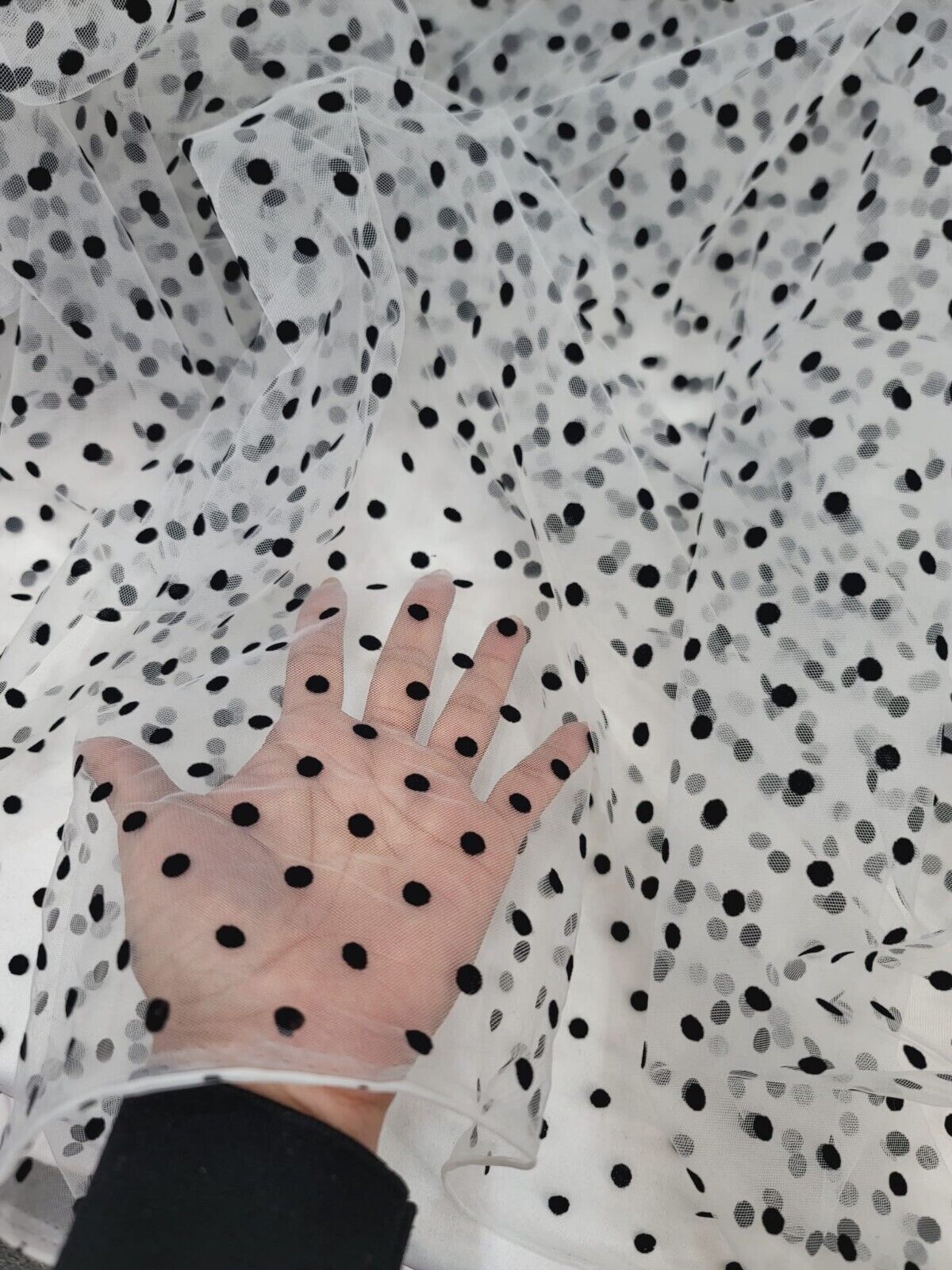 White Tulle Mesh Fabric Sold By The Yard Black Velvet Polka-dot For Dress