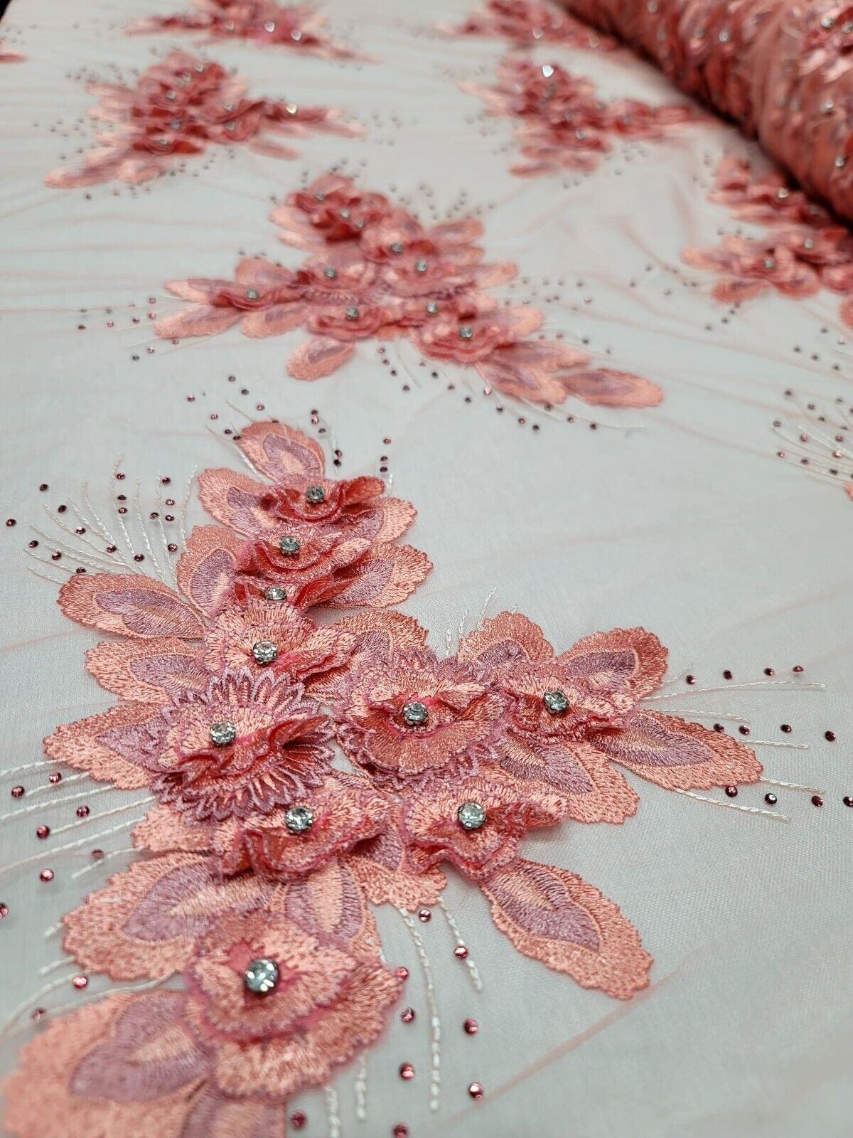 Elegant Coral Hand Beaded Lace Wedding/Bridal 3d Floral Fabric Sold By The Yard