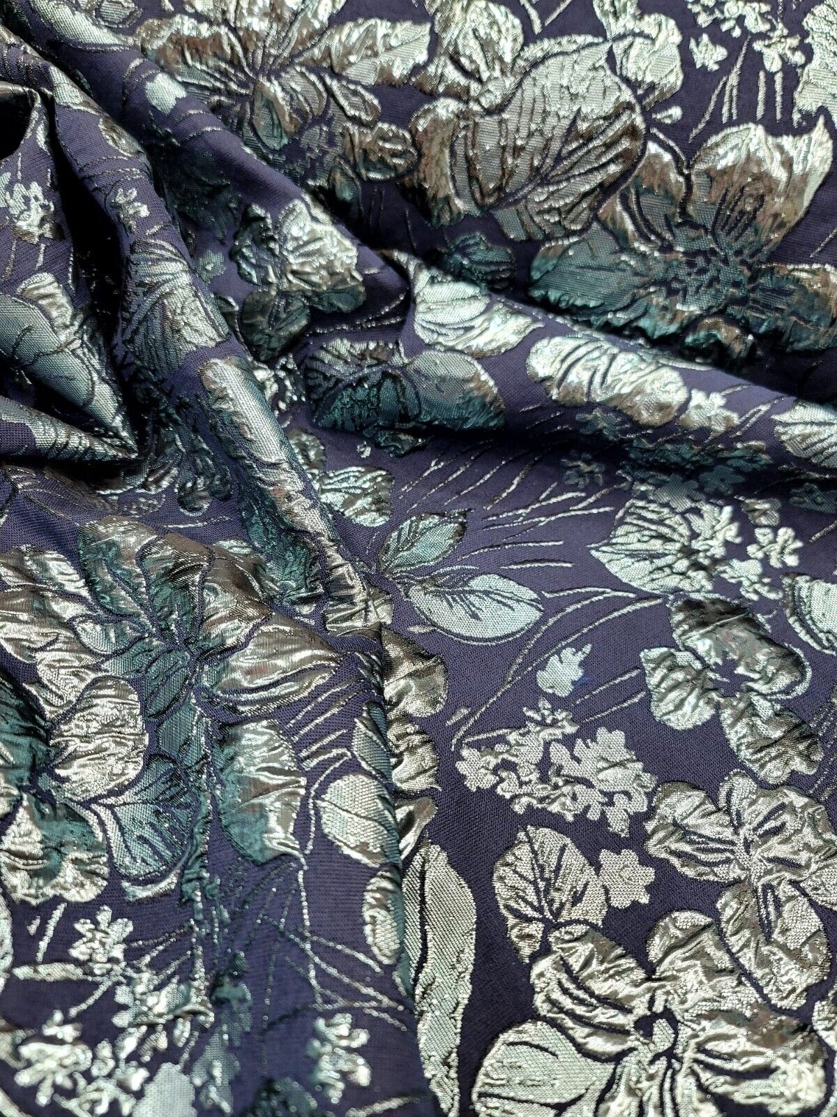 Metallic Blue Floral On Navy Blue Brocade Fabric 60" W Sold By The Yard Dress Pr